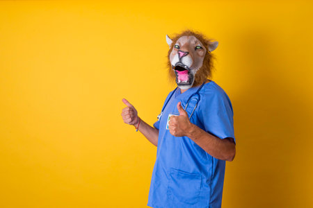 Doctor with lion mask making ok sign with hands. Yellow background.の写真素材