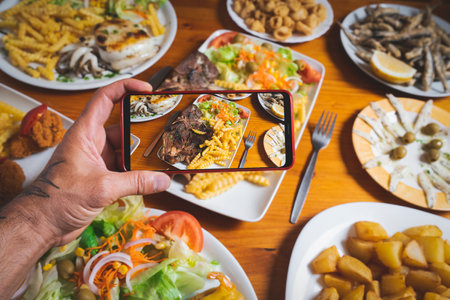 Blogger takes a picture of the dishes on the restaurant tableの写真素材