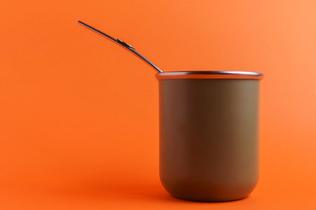 metal cup (mate) and straw on orange background. Copy space
