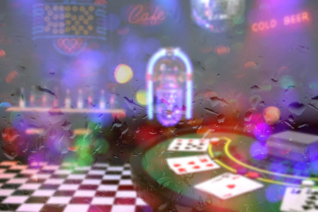 Miniature Poker Table Bar Scene Composite Image With Neon Signsの写真素材