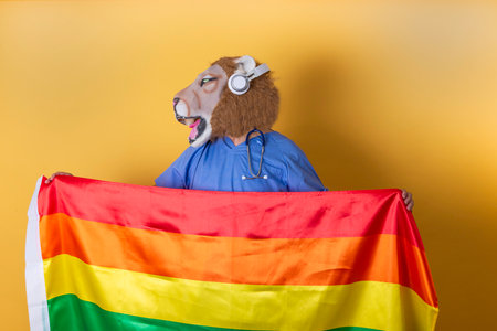 Doctor with lion mask and headphones holding a LGTBIQ flag. Gay pride concept.の写真素材