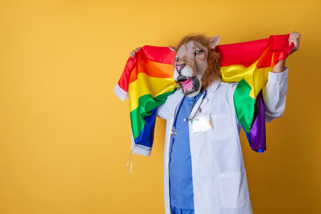 Man in medical costume and lion mask with a LGBTI flag. Concept of sexual identity at work.の写真素材