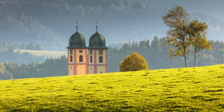 The double steeples of the monastery church of St.MÃ¤rgen in the Black Forestの写真素材