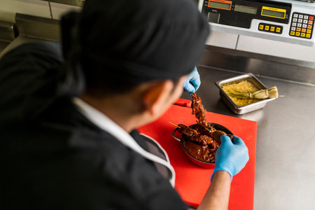 View over the shoulder of a professional cook covering meat on a stick with sauce in the kitchen of restaurant.の写真素材