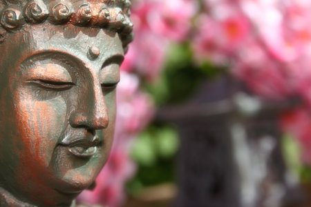 Buddha Statue in Outdoor Garden With Blurred Cherry Blossoms in Backgroundの写真素材