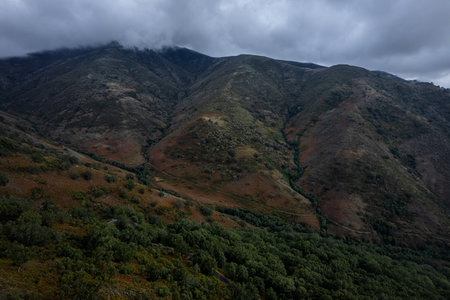 Cloudy landscape in the Puerto de Honduras. Extremadura. Spain.の写真素材