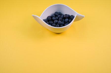 fresh and tasty organic blueberries in a white decorative ceramic bowl with copy spaceの写真素材
