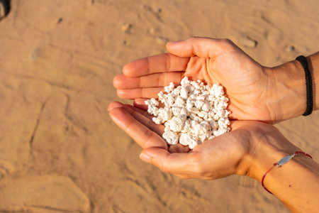 A young woman with stones in her hand on Popcorn Beach near the town of Corralejo, north of the island of Fuerteventura, Canary Islands. Spainの写真素材
