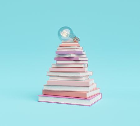 pyramid of books with light bulb on top. concept of education, study and success. 3d renderingの写真素材