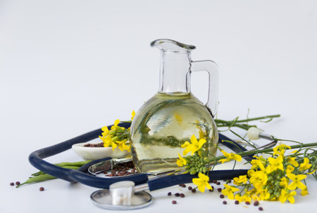 Health concept. Canola oil seeds and flowers with stethoscope, healthyの写真素材