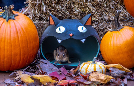 An adorable furry chipmunk peers out from inside this whimsical cat head surrounded by straw, pumpkins and leaves for autumn funの写真素材