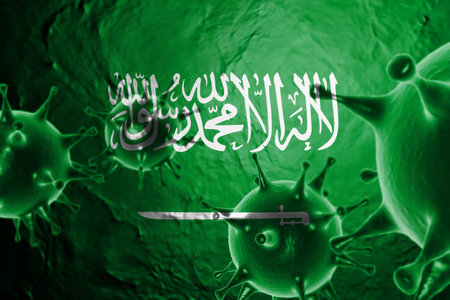 VIRUS WITH Saudi Arabia FLAG, CORONAVIRUS, Flu coronavirus floating, micro view, pandemic virus infection, asian flu, covid, covid19, covid-19 3D RENDER.の写真素材