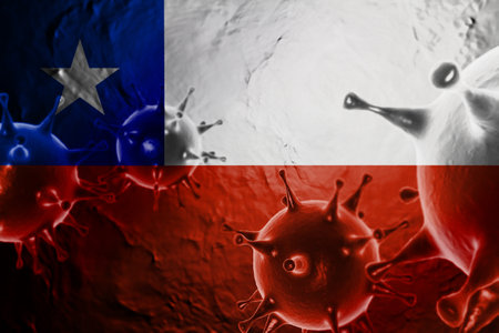 VIRUS WITH Chile FLAG, VIRUS, Flu virus floating, micro view, pandemic virus infection, asian flu, asian fluの写真素材