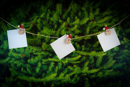 White blank sticky notes with a Santa Claus head attached to a cord, in the background a fir tree,...