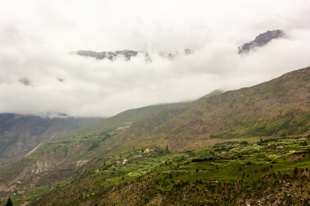 Green slopes of a Himalayan mountain covered with thick mist and overcast clouds in the town of Keylong in Lahaul in Himachal Pradesh, India.の写真素材