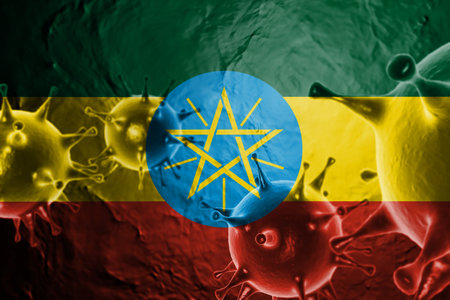 VIRUS WITH Ethiopia FLAG, CORONAVIRUS, Flu coronavirus floating, micro view, pandemic virus infection, asian flu, covid, covid19, covid-19.の写真素材