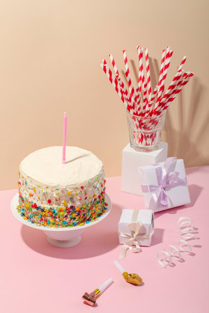 The delicious cake with candleの写真素材