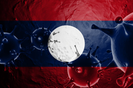 VIRUS WITH Laos FLAG, CORONA VIRUS, Flu coronavirus floating, micro view, pandemic virus infection, asian flu, covid, covid19, covid-19 3D RENDER.の写真素材