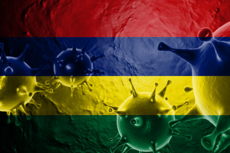 VIRUS WITH Mauritius FLAG, CORONA VIRUS, Flu coronavirus floating, micro view, pandemic virus infection, asian flu, covid, covid19, covid-19 3D RENDER.の写真素材