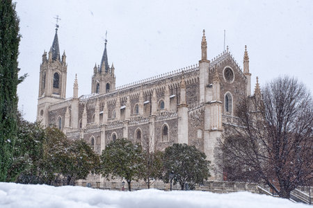 The snow-covered church of San Geronimo in Madrid in winterの写真素材