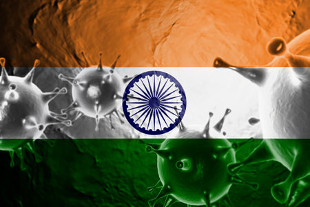 VIRUS WITH India FLAG, CORONAVIRUS, Flu coronavirus floating, micro view, pandemic virus infection, asian flu, covid, covid19, covid-19 3D RENDER.の写真素材