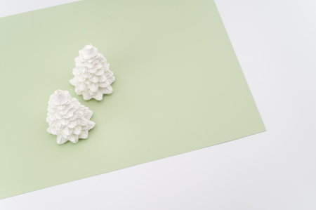 Christmas ornamental background with fir trees on a green and white surface with copy spaceの写真素材