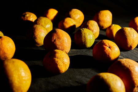 Lemon tangerine on a table black background, top view
