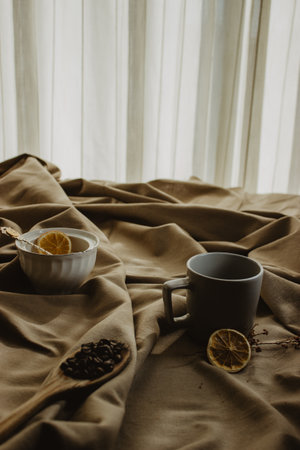 Background with assorted coffee, coffee beans, ground with retro style toned. Copy space.の写真素材