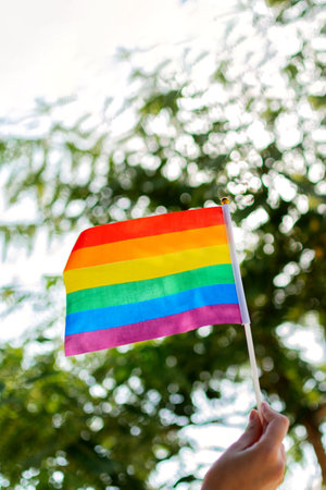 Woman hand hold small The Rainbow Pride Flag.の写真素材