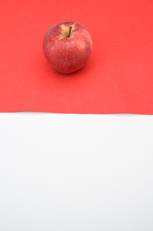 ripe biologic red apple on a white and red background with copy spaceの写真素材