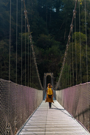 A hiker with a yellow backpack crossing the Holtzarte suspension bridge, Larrau. In the forest or jungle of Irati, Pyrenees-Atlantiques of Franceの写真素材
