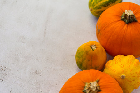 Pumpkins, bright background and space for textの写真素材