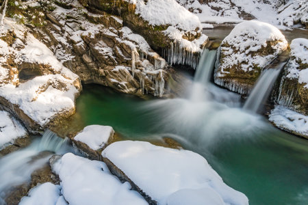 Iced waterfall in the Ostertal Tobel near Gunzesried in the Allgauの写真素材