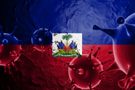3D ILLUSTRATION VIRUS WITH Haiti FLAG, CORONAVIRUS, Flu coronavirus floating, micro view, pandemic virus infection, asian flu.の写真素材