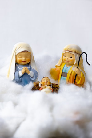 Figures of Portal de BelÃ©n on cotton simulating clouds. Christmas greeting concept. Copy Spaceの写真素材