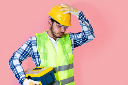 Worker with helmet holding construction box on pink background.の写真素材
