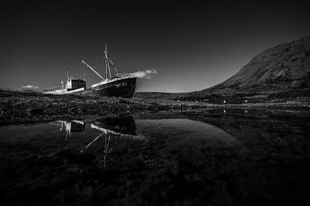 A grayscale shot of an Icelandic ghost shipのeditorial素材