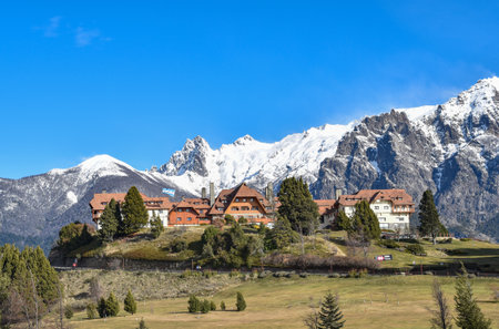 A hotel with a mountain on the background Bariloche, Argentinaのeditorial素材