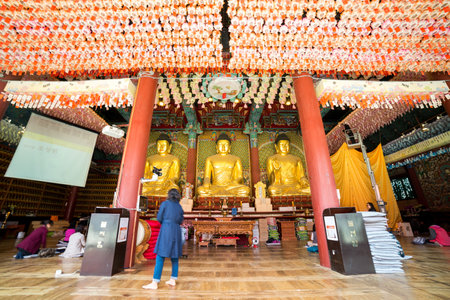 Diverse decoration in the main building that contains the budha statues at Jogyesa temple, close to Insadong, Seoul, South Korea.のeditorial素材