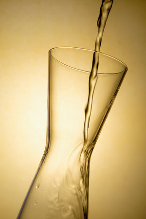 Filling a carafe with white wine on a gold background