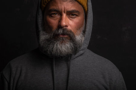 Close up of a mature man with hood and dirty sad eyes looking at the camera with gloomy expressionの写真素材