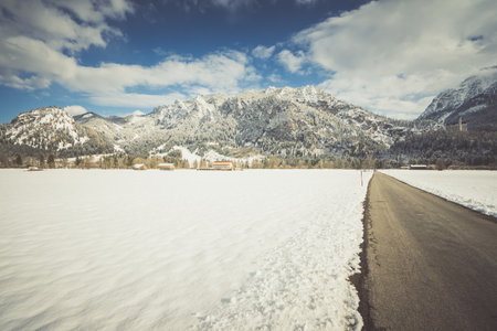 Panoramic view of winter scene in Fussen, Bavaria, Germanyの写真素材