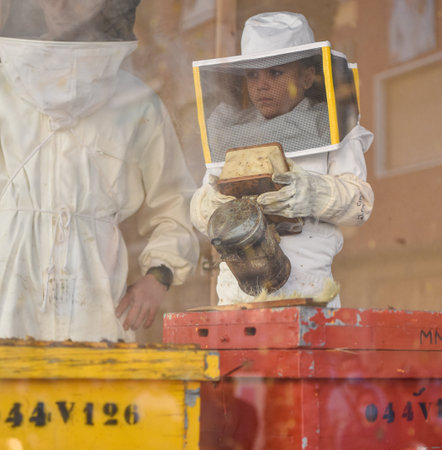 Little beekeeper girl with bee smoker next to another beekeeper inside the apiary. Selective focus....