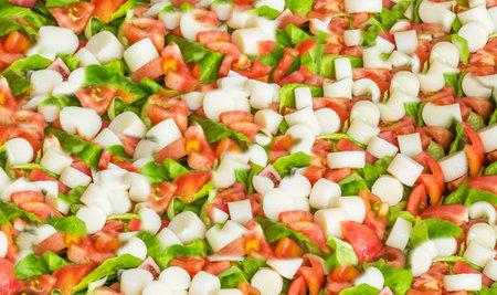 Background with colorful salad of lettuce, tomatoes and hearts of palm.の写真素材
