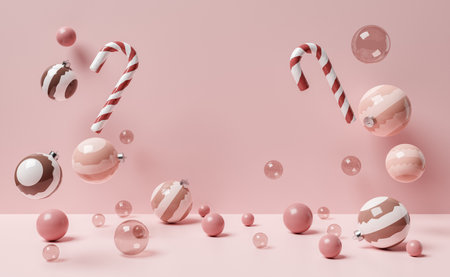 christmas background with balls and candy canes floating in the air. christmas concept. 3d renderingの写真素材