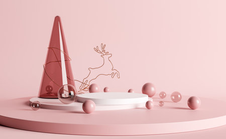 podium for product display with glass tree, reindeer-shaped wire and spheres around it. 3d renderingの写真素材