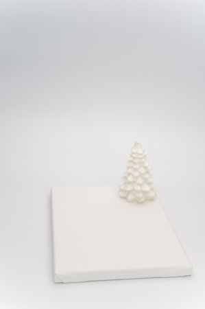 Elegant Christmas decorations and painting canvas with sapce for text on a white surfaceの写真素材