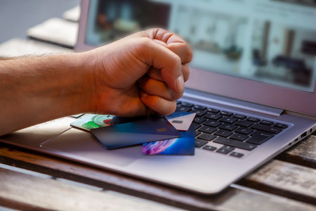 credit cards standing on computer keyboardの写真素材