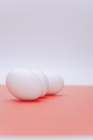 organic white eggs on a white salmon pink  surface with copy space for textの写真素材