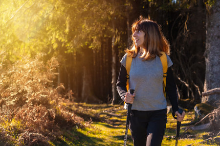 A young hiker on a trail in the Artikutza natural park on an autumn sunset, Gipuzkoa. Basque Countryの写真素材